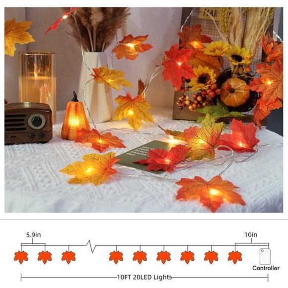 Fall Decor Multicolored Maple Leaf Lights, 10Ft 20LED Lights Battery Operated - Picture 4 of 6